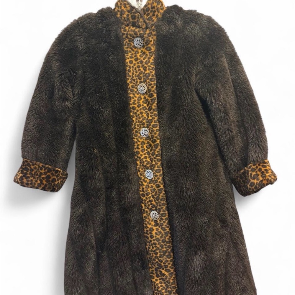 Vintage Children's Dark Brown Faux Fur Coat with Leopard Trim